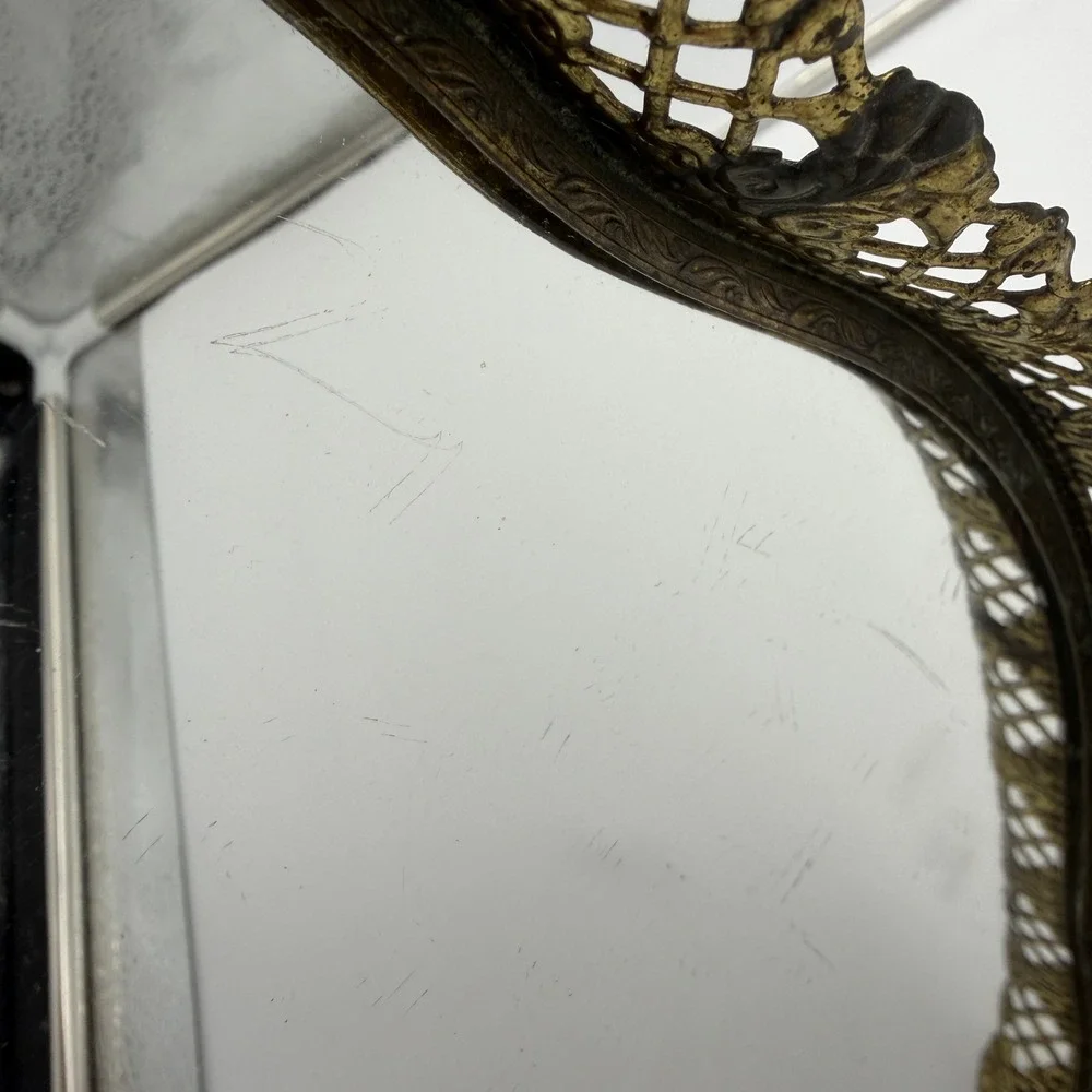 Vintage Ornate Gold Filigree Mirror Vanity Tray Kidney Shaped Hollywood Regency